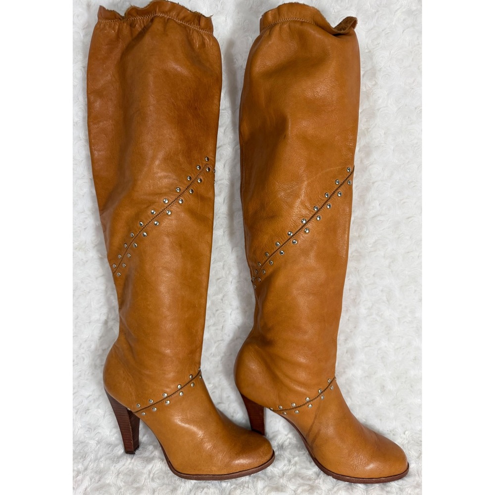 MICHAEL Michael Kors Tan Leather Studded Tall Size 6.5 Heel Knee High Boots